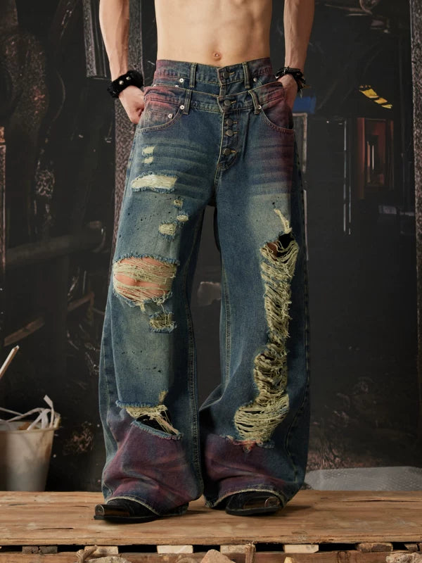 Heavy-Duty Distressed Double Waistband Wide Jeans 2