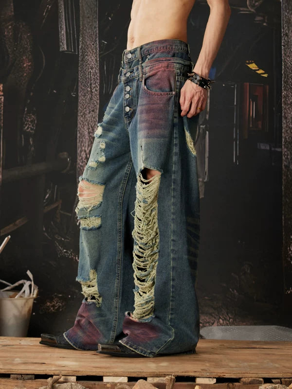 Heavy-Duty Distressed Double Waistband Wide Jeans 3