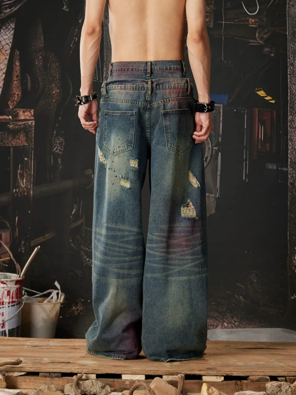 Heavy-Duty Distressed Double Waistband Wide Jeans 4