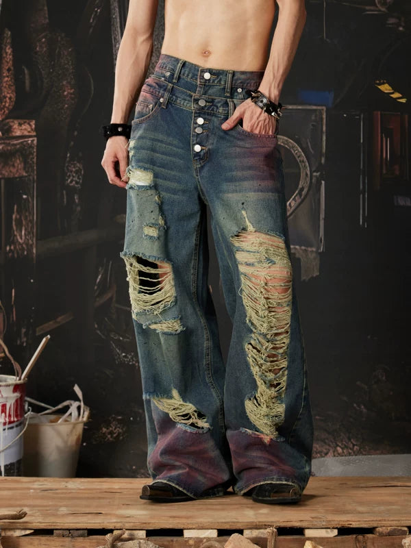 Heavy-Duty Distressed Double Waistband Wide Jeans 5