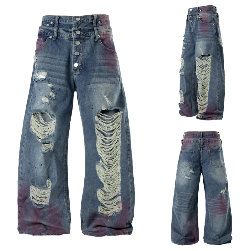6048954381921,6048954381922,6048954381923,6048954381924, Heavy-Duty Distressed Double Waistband Wide Jeans