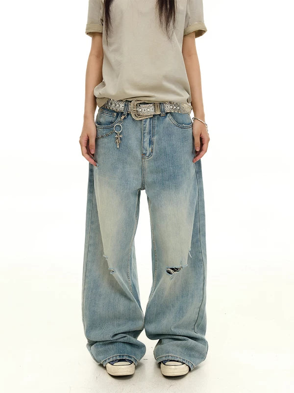 ,6100625512373,6100625512374,6100625512375,6100625512376,6100625512377, Heavy-Duty Distressed Washed Wide-Leg Jeans