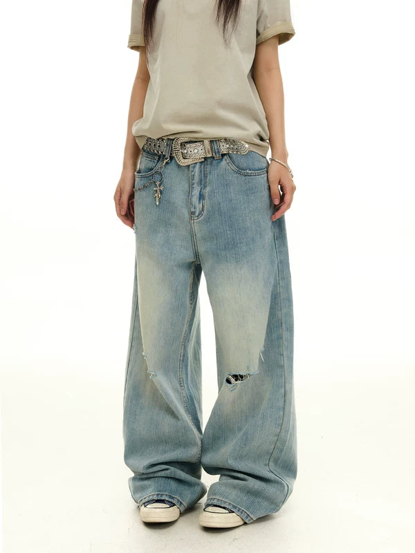 Heavy-Duty Distressed Washed Wide-Leg Jeans 2