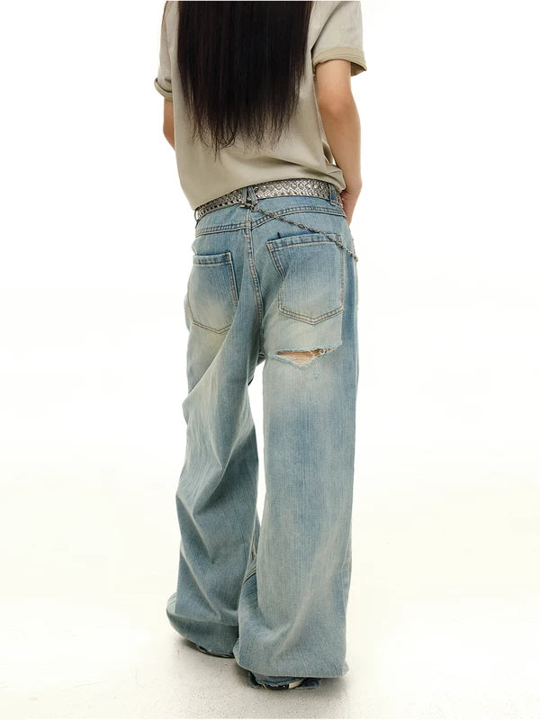 Heavy-Duty Distressed Washed Wide-Leg Jeans 3