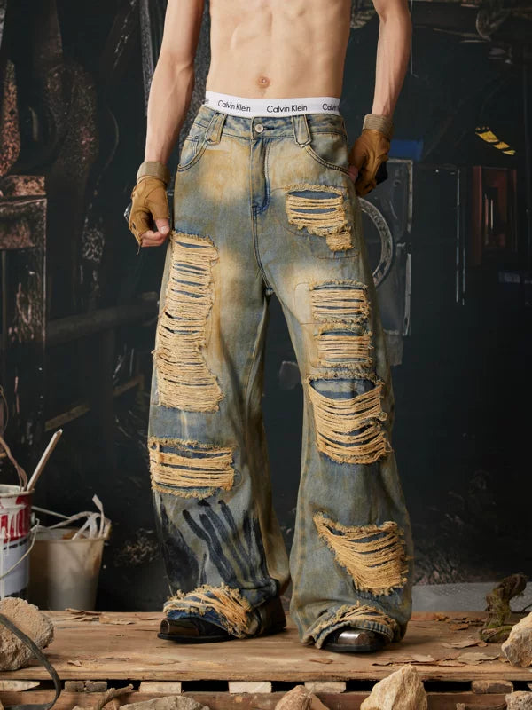 Heavy-Duty Distressed Wide Leg Jeans Pants 1
