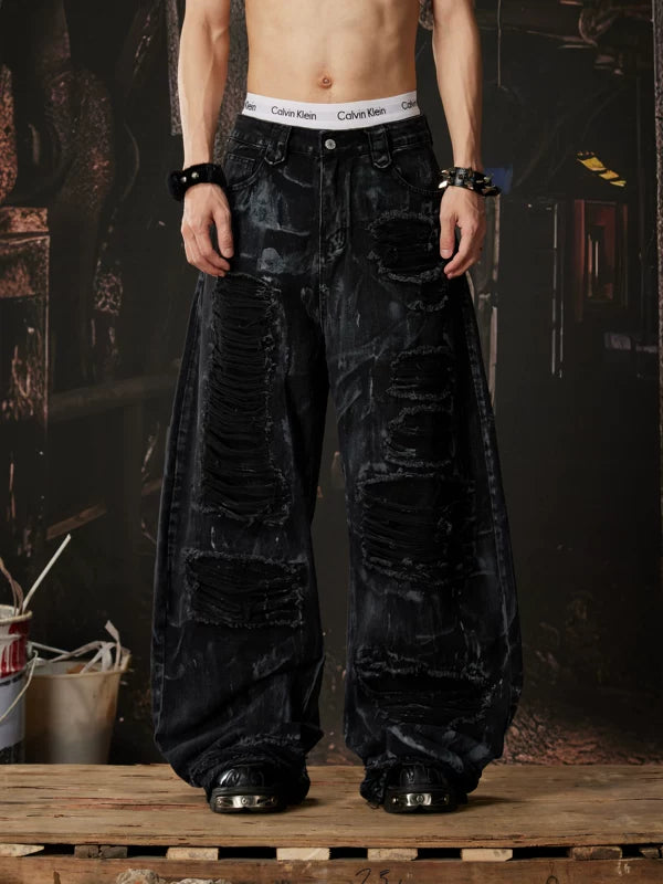 Heavy-Duty Distressed Wide Leg Jeans Pants 2