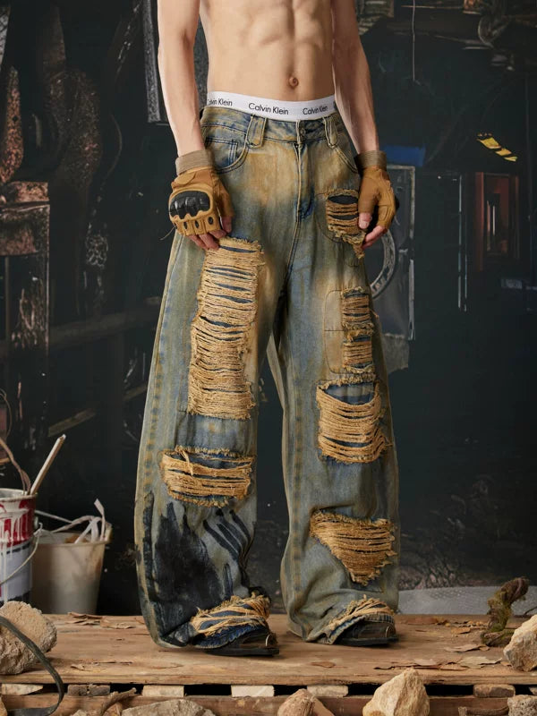 Heavy-Duty Distressed Wide Leg Jeans Pants 4