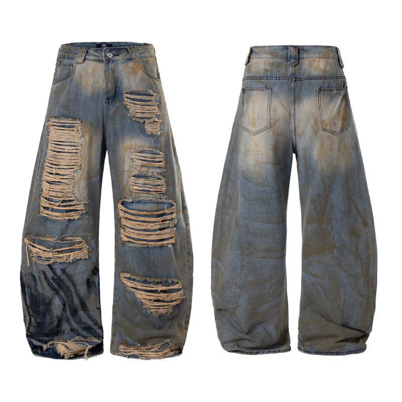6223913146188,6223913146189,6223913146190,6223913146191, Heavy-Duty Distressed Wide-Leg Street Pants