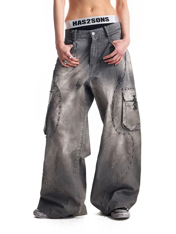 Heavy Metal Rivet Washed Wide-Leg Pants 1