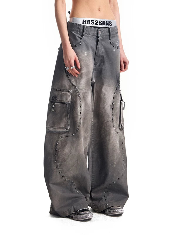 Heavy Metal Rivet Washed Wide-Leg Pants 2