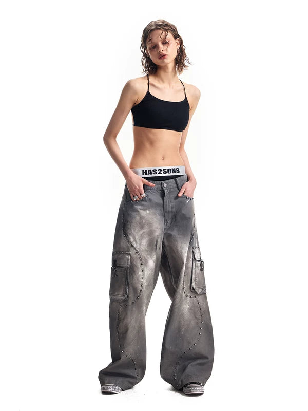 Heavy Metal Rivet Washed Wide-Leg Pants 3