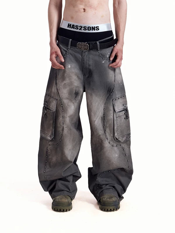 ,5982854073215,5982854073216,5982854073217,5982854073218, Heavy Metal Rivet Washed Wide-Leg Pants