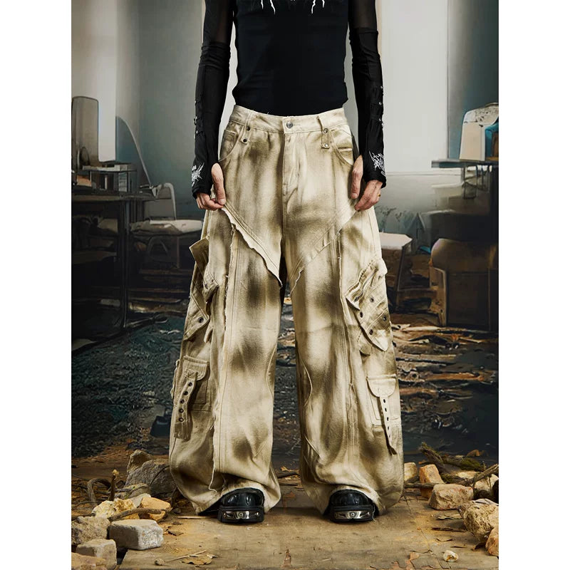 6223925098207,6223925098208,6223925098209,6223925098210, Heavyweight Distressed Multi-Pocket Wide-Leg Pants