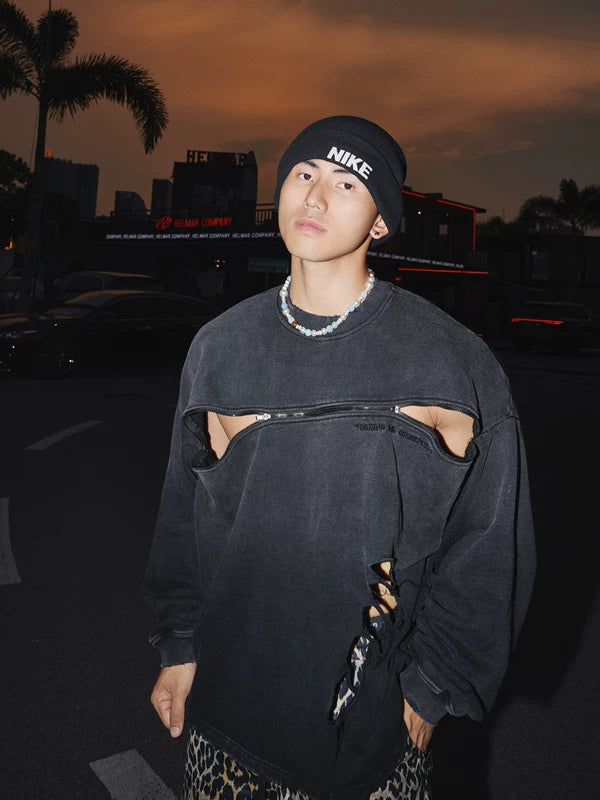 Heavyweight Distressed Zipper Long-Sleeve Sweatshirt 5