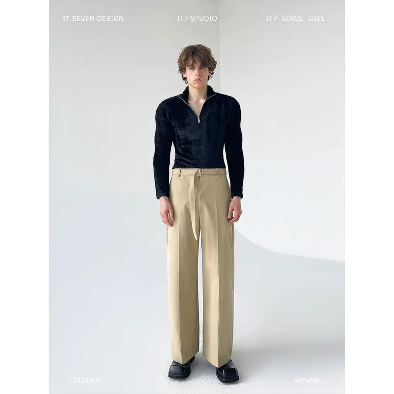 Heavyweight Straight-Leg Wide-Leg Belted Pants 1