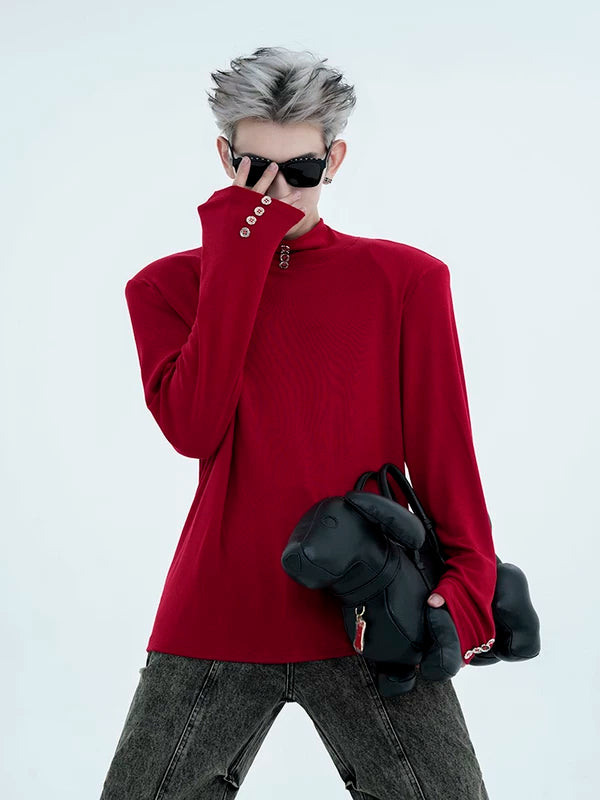 High-Neck Button Detail Padded Shoulder Shirt 2