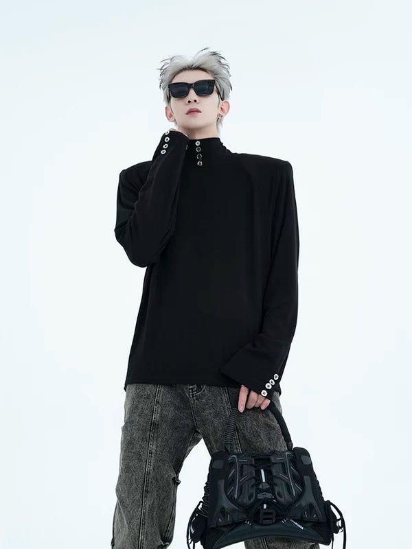 High-Neck Button Detail Padded Shoulder Shirt 3
