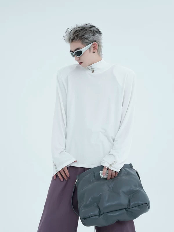 High-Neck Button Detail Padded Shoulder Shirt 4