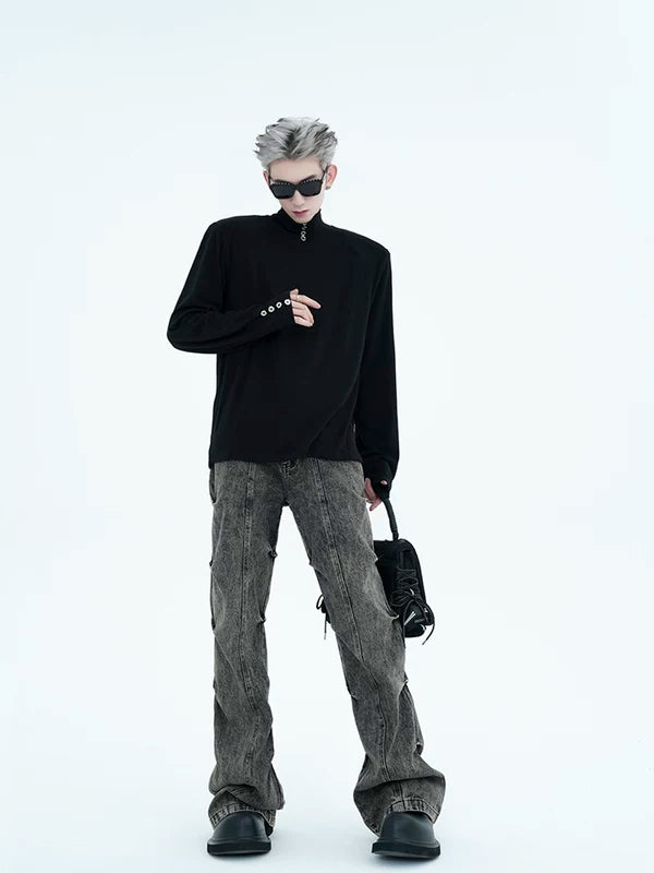 High-Neck Button Detail Padded Shoulder Shirt 5