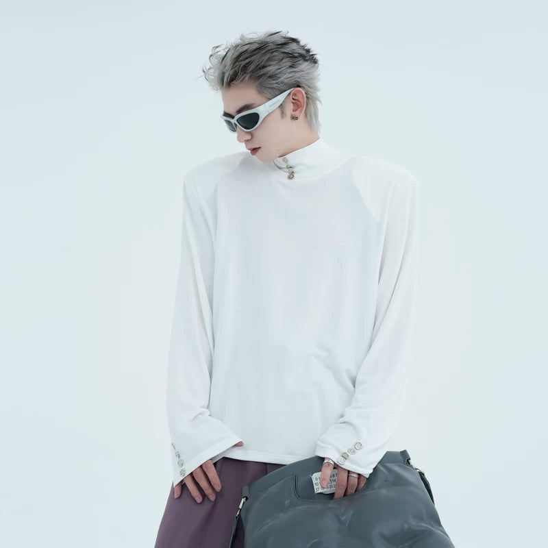 5244885518382,5244885518383,5244885518384,5244885518385, High-Neck Button Detail Padded Shoulder Shirt