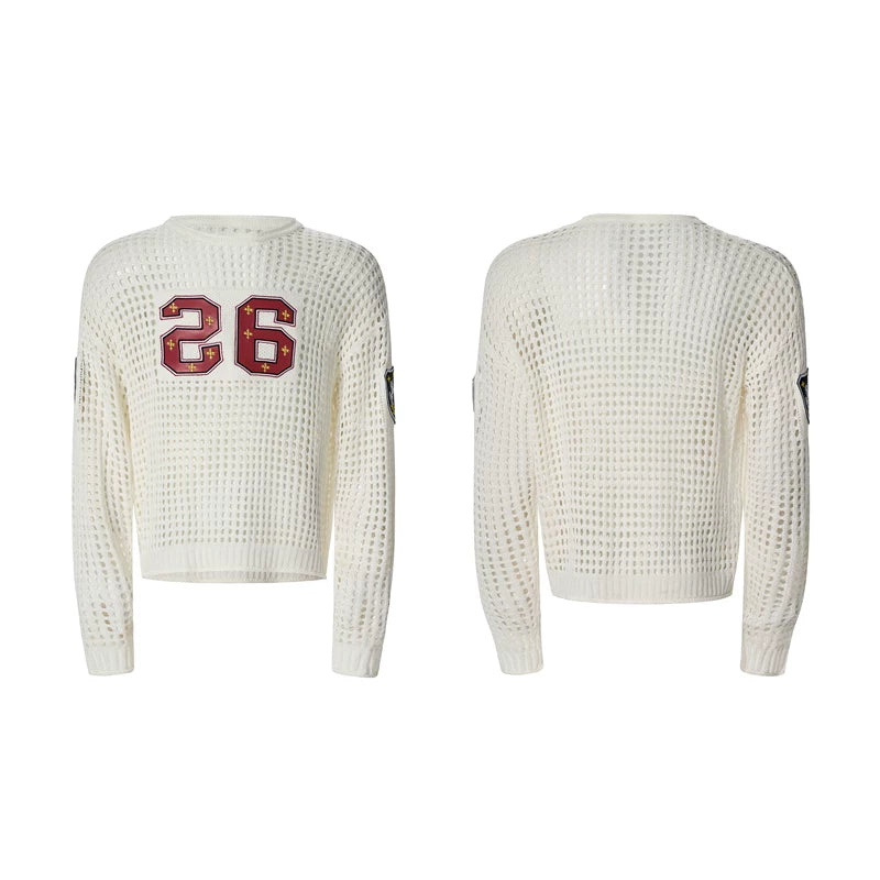 6043714321702,6043714321703,6043714321704, Hollow-Out Embroidered Badge Knit Sweater