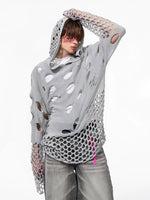 Hollow-Out Hooded Knit Sweater with Pearls 2