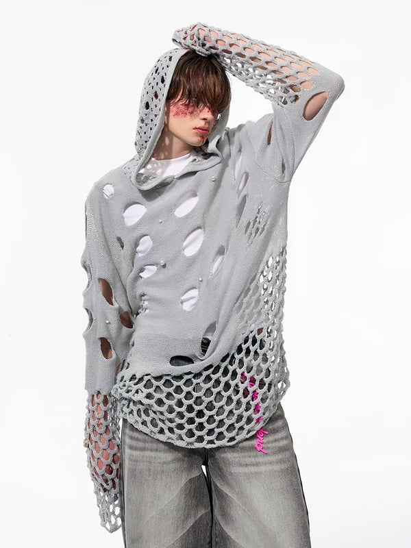 Hollow-Out Hooded Knit Sweater with Pearls 2