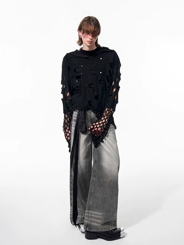 Hollow-Out Hooded Knit Sweater with Pearls 3