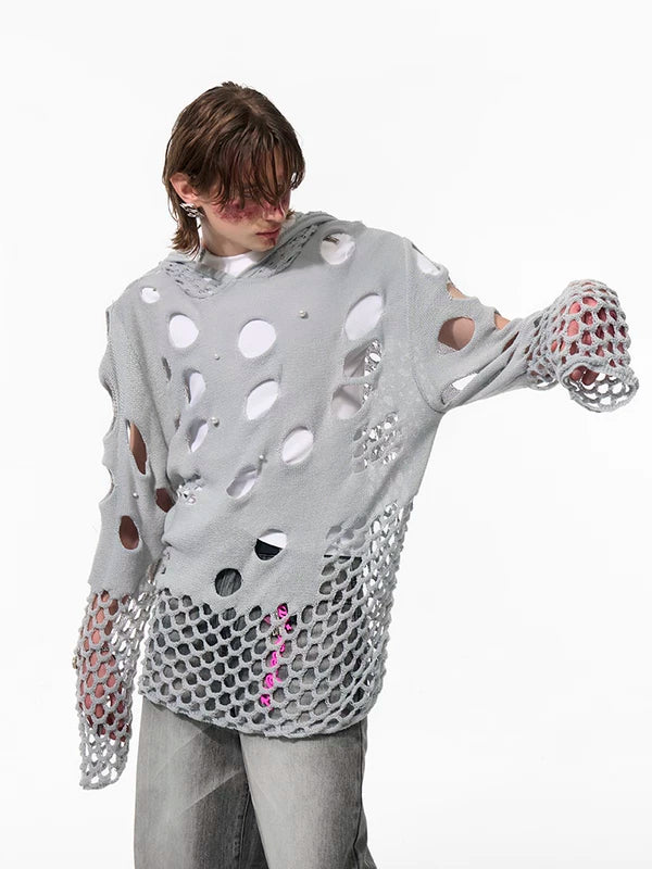 Hollow-Out Hooded Knit Sweater with Pearls 4