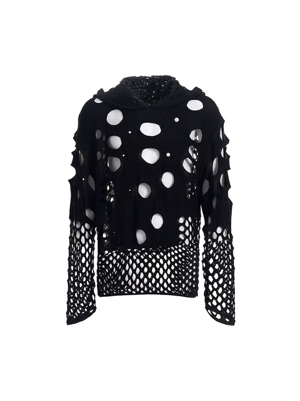 Hollow-Out Hooded Knit Sweater with Pearls 5