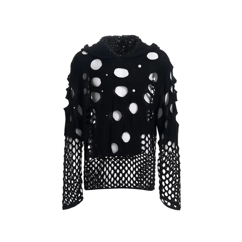 5735335369974,5735335369975,5735335369976, Hollow-Out Hooded Knit Sweater with Pearls