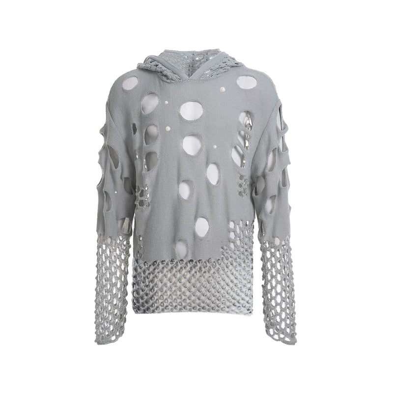 5735335369977,5735335369978,5735335369979, Hollow-Out Hooded Knit Sweater with Pearls