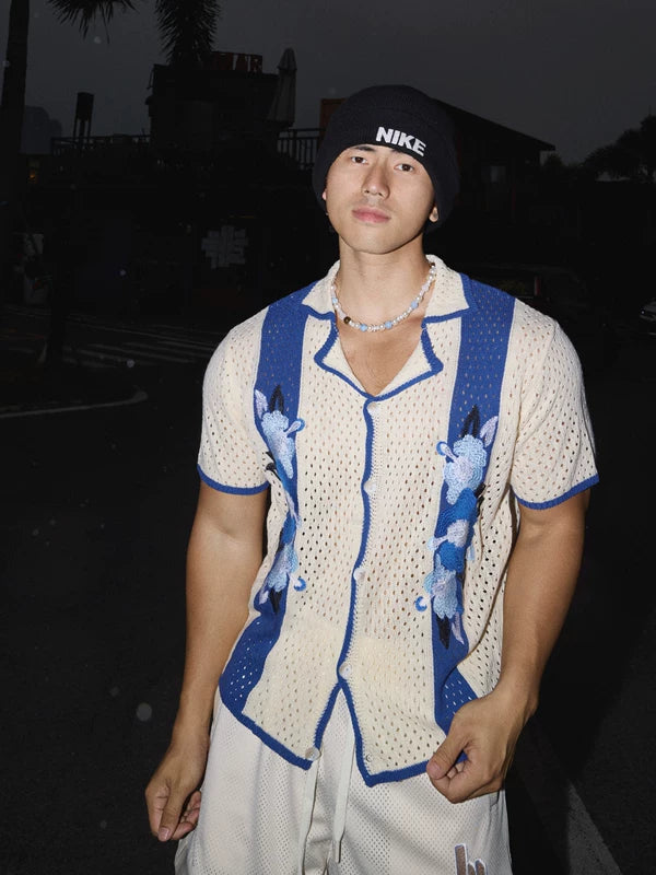 Hollow-Out Knit Floral Embroidery Cuban Shirt 1