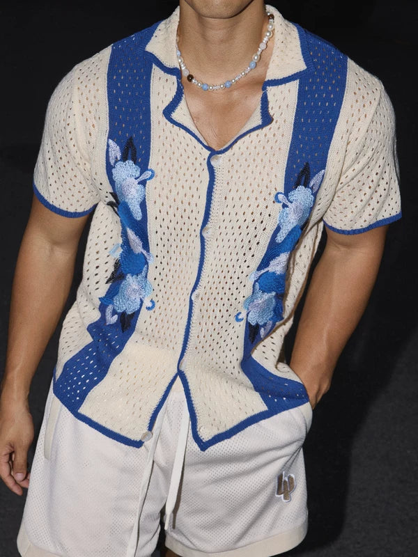 Hollow-Out Knit Floral Embroidery Cuban Shirt 3