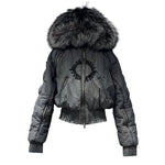 Hooded Down Bomber Jacket with Fur Collar 1