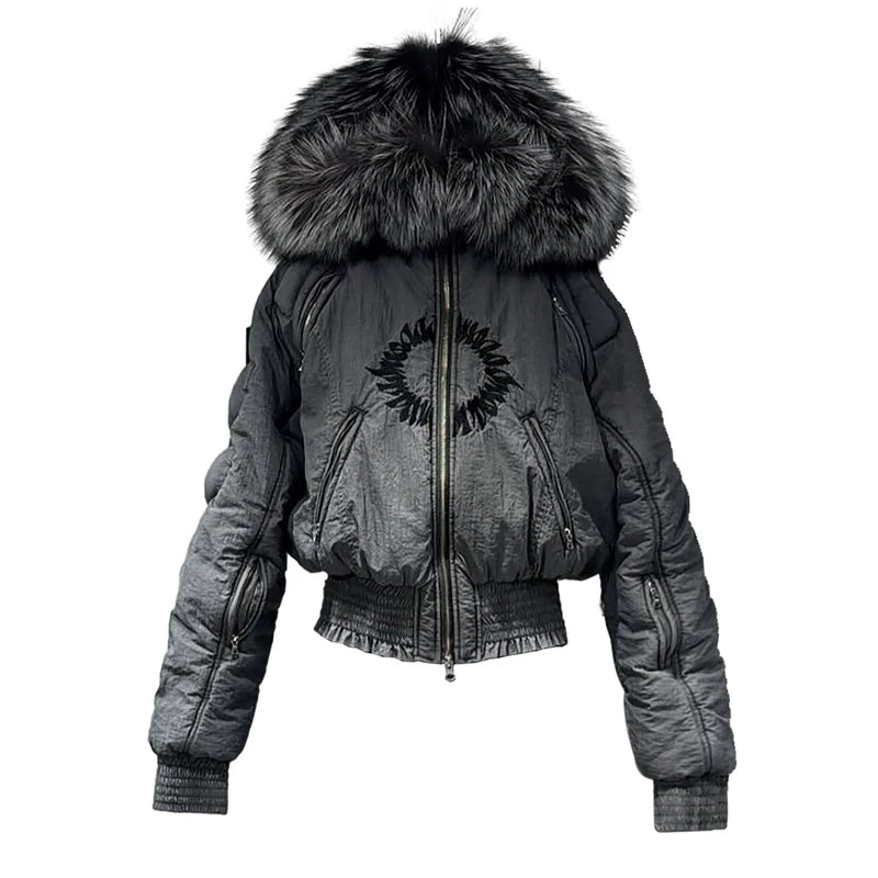 Hooded Down Bomber Jacket with Fur Collar 1