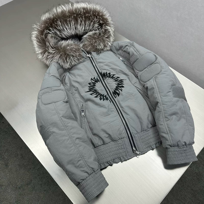 Hooded Down Bomber Jacket with Fur Collar 2