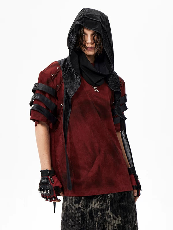 Hooded Patchwork Leather Studded T-Shirt 2