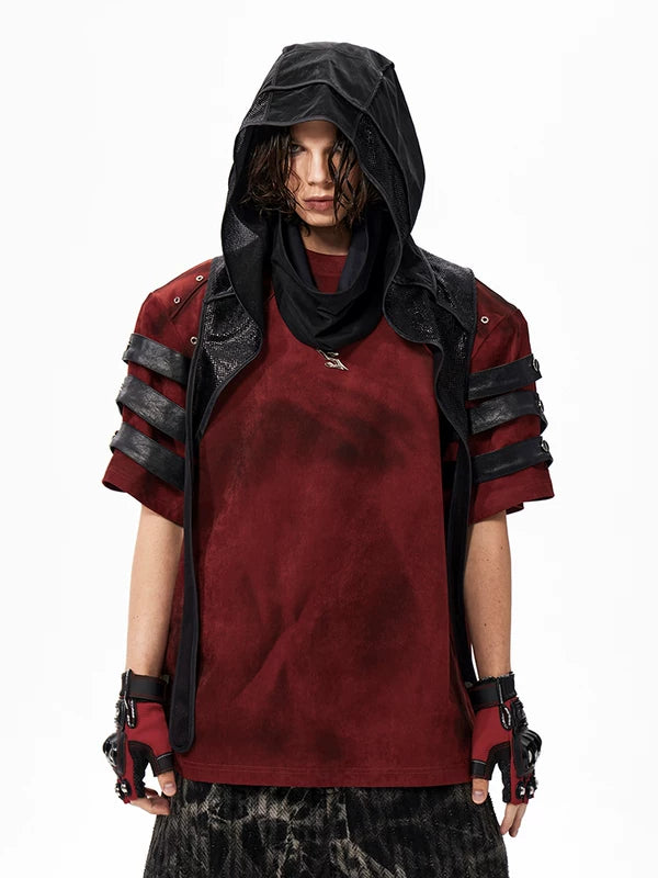 Hooded Patchwork Leather Studded T-Shirt 3