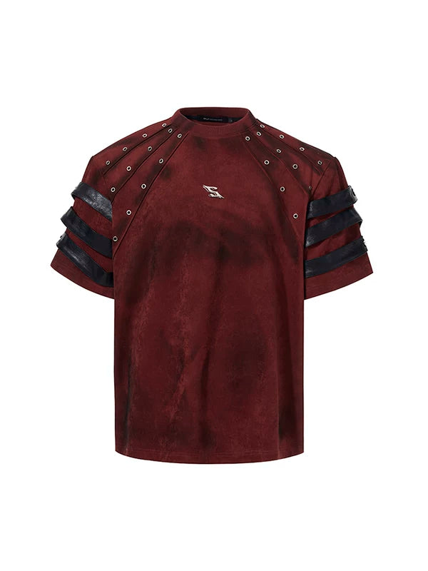 Hooded Patchwork Leather Studded T-Shirt 5