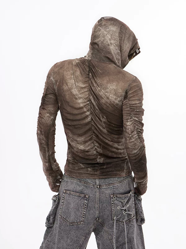 Hooded Ruched Mesh Long-Sleeve T-Shirt 2
