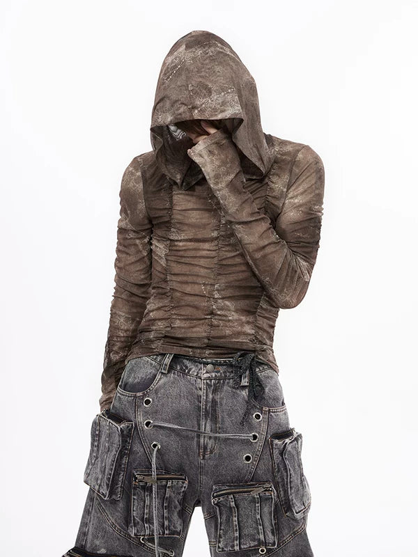 Hooded Ruched Mesh Long-Sleeve T-Shirt 3