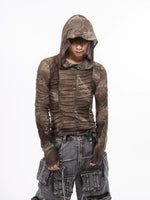 Hooded Ruched Mesh Long-Sleeve T-Shirt 4