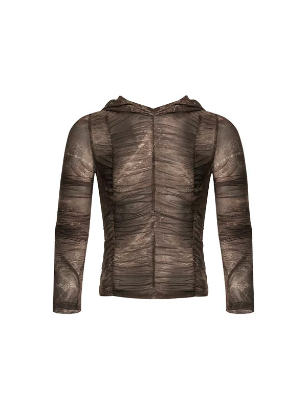 Hooded Ruched Mesh Long-Sleeve T-Shirt 5