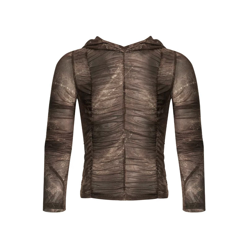 5985597039761,5985597039762,5985597039763,5985597039764, Hooded Ruched Mesh Long-Sleeve T-Shirt