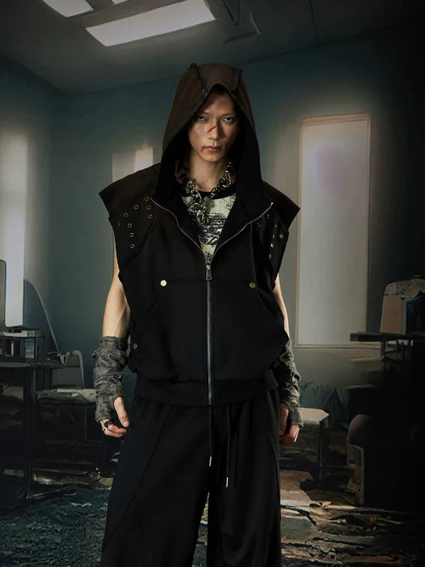 Hooded Zipper Vest and Wide-Leg Pants Set 1