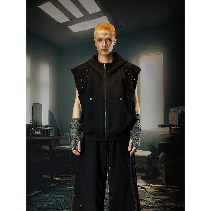 5812962964552,5812962964553,5812962964554, Hooded Zipper Vest and Wide-Leg Pants Set