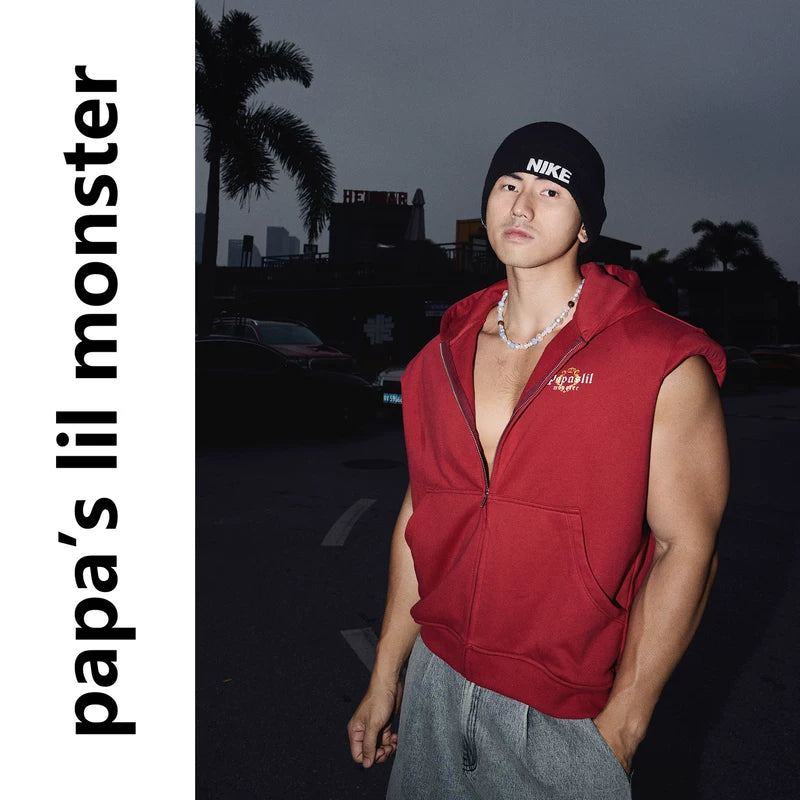 6093318640683,6093318640684,6093318640685, Hooded Zippered Sleeveless Vest Padded Shoulders