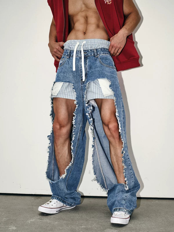 Irregular Cut Frayed Hem Denim Pants 1