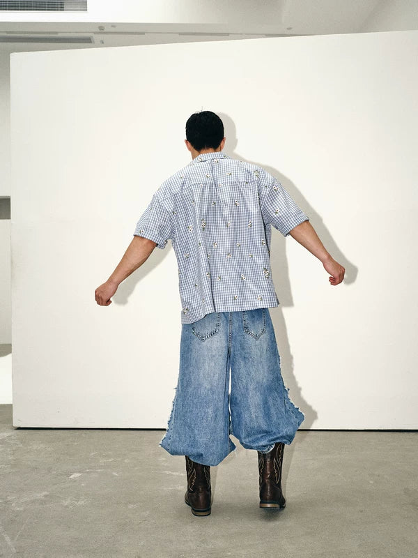Irregular Cut Frayed Hem Denim Pants 4